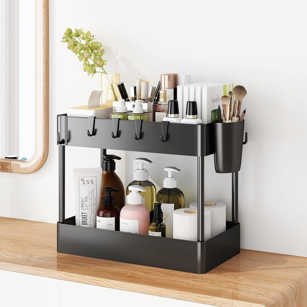 2 Tier Under Sink Rack Organizer with 6 Hooks, Black C9668