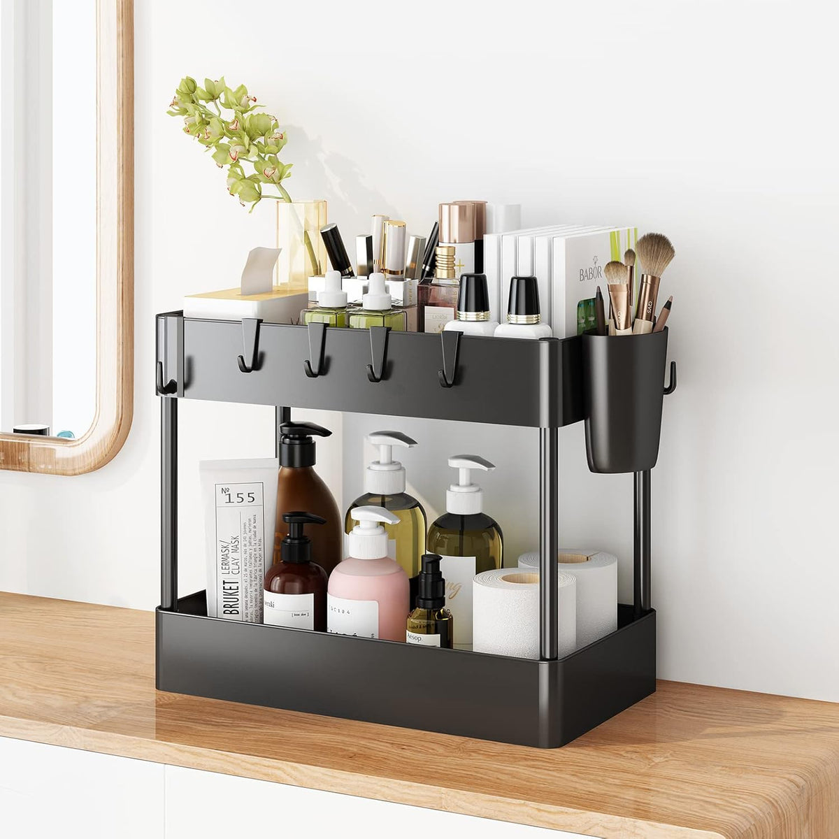 2 Tier Under Sink Rack Organizer with 6 Hooks, Black C9668