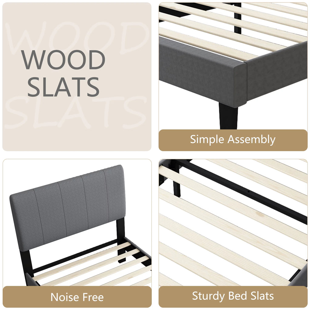 Gray Twin Upholstered Platform Bed Frame with Wood Slat Support Q94254