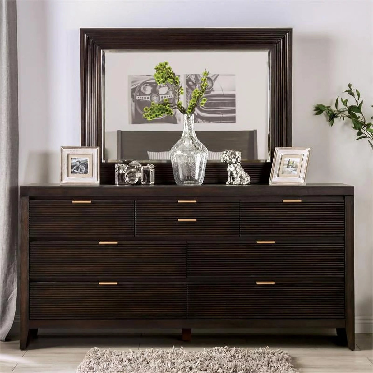 Wood 2-Piece Dresser and Mirror Set in Dark Walnut X479280