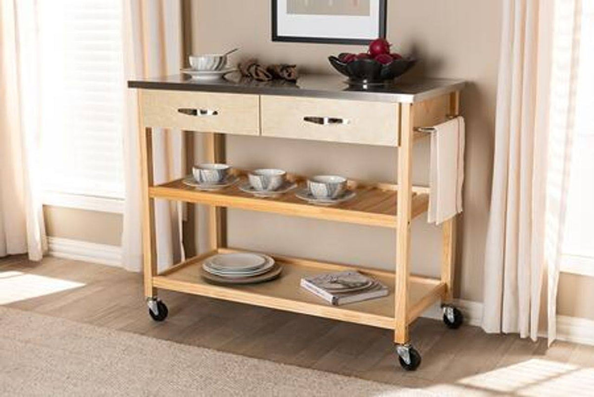 Pine Wood and Stainless Steel 2-Drawer Kitchen Island Utility Storage Cart L295