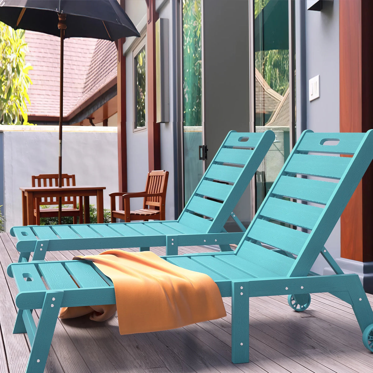 Blue 2 Pieces Patio Chaise Lounge Chairs with Wheels K52306