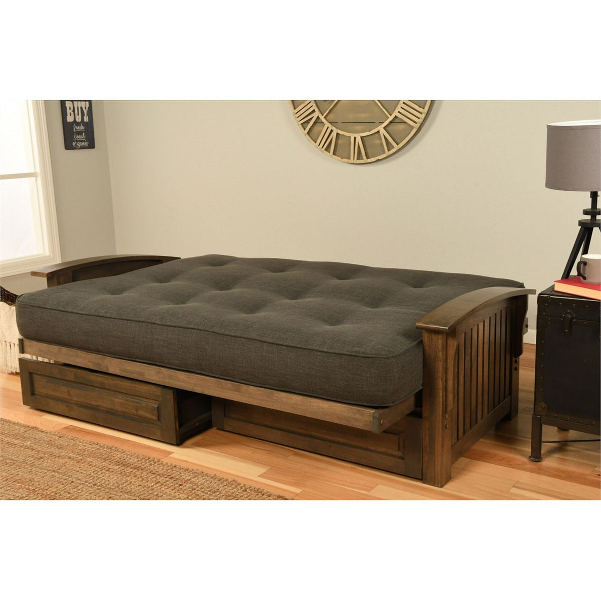 Rustic Walnut Brown Futon with Storage Drawers U6588