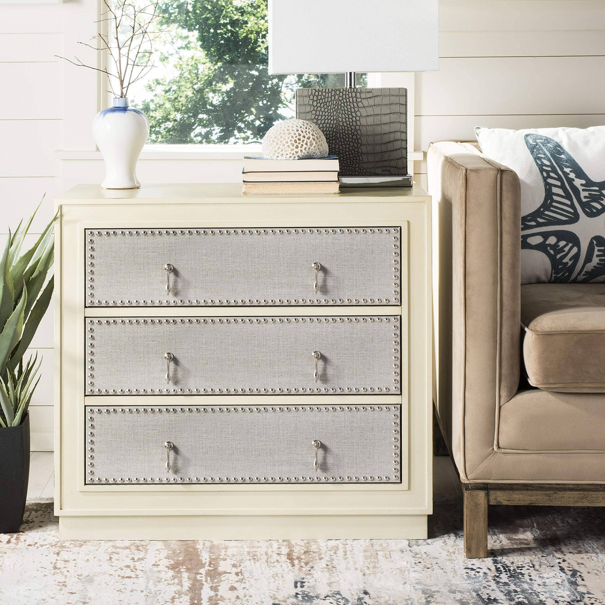 Beige Light Grey 3-Drawer Chest C7409
