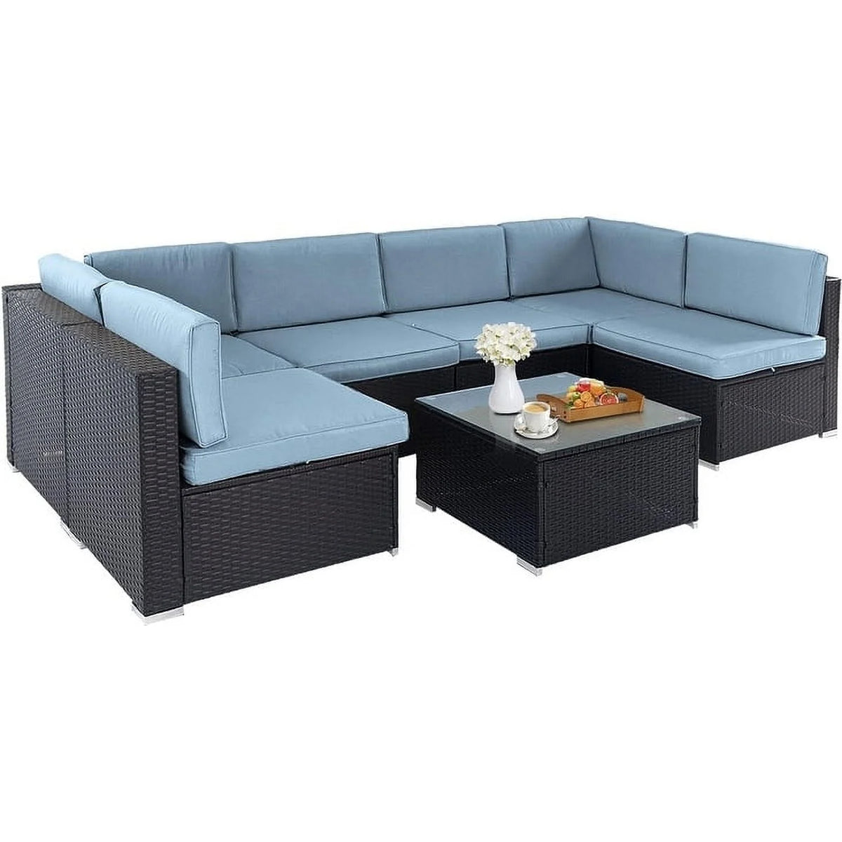 Black Wicker Rattan 7-piece Sectional Sofa Set U68899