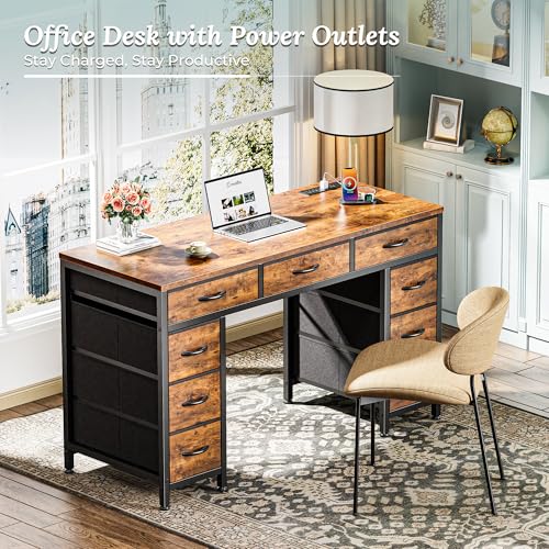 47 Inch Office Desk with Outlets and 9 Fabric Drawers S72028