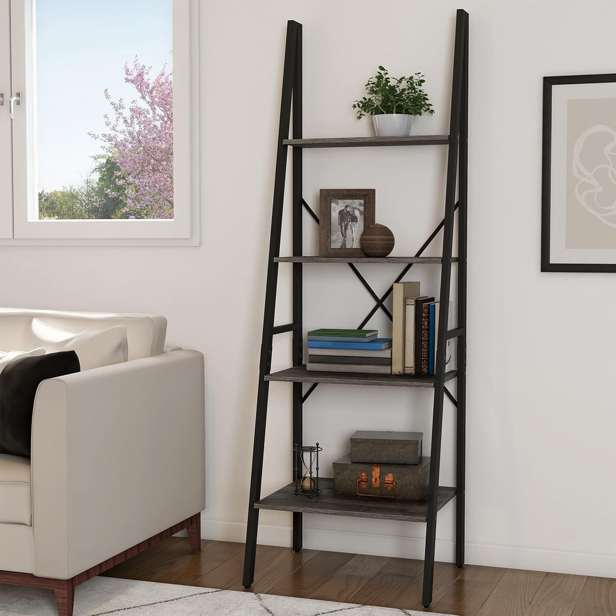 Gray Woodgrain 4-Tier Ladder Bookshelf Z327