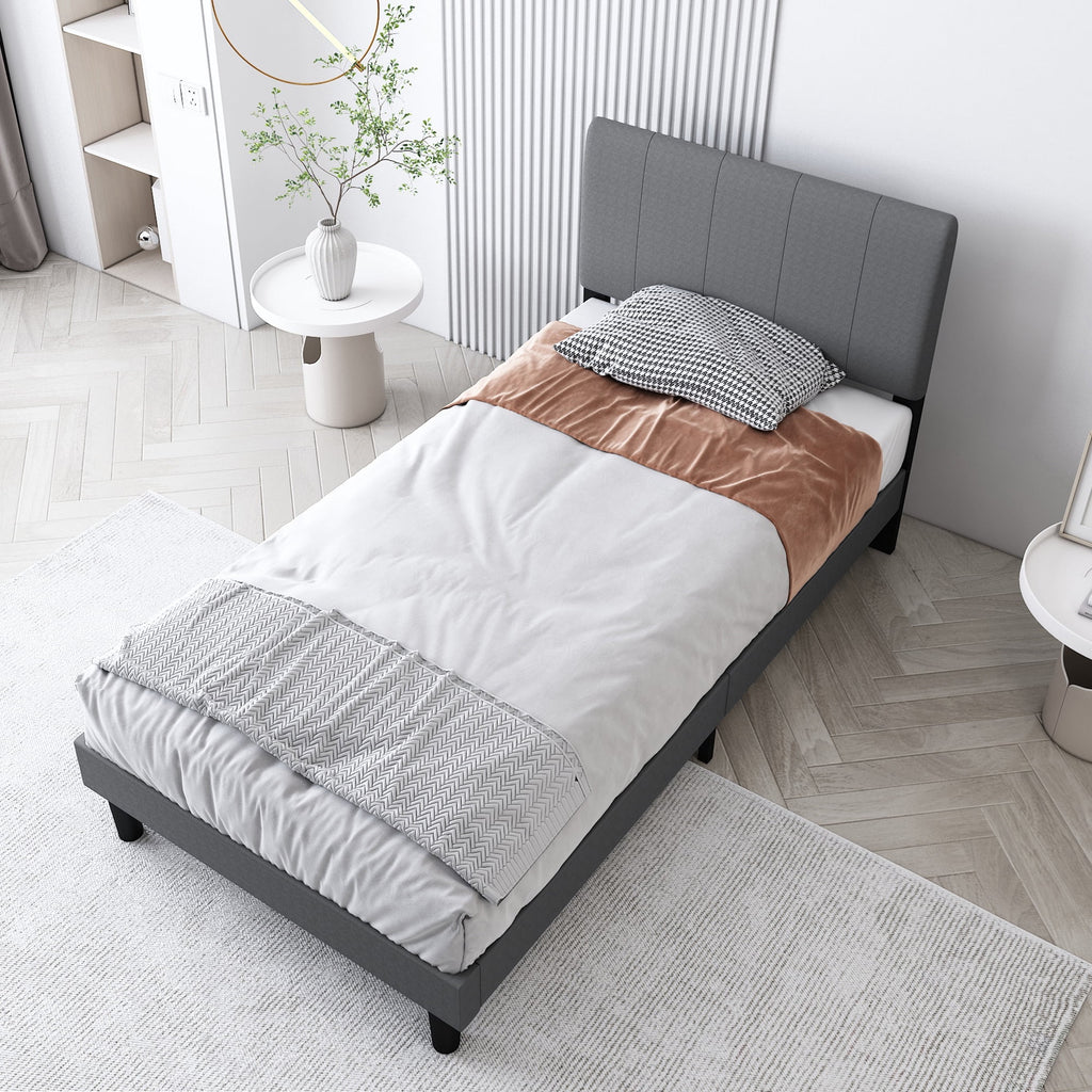 Gray Twin Upholstered Platform Bed Frame with Wood Slat Support Q94254
