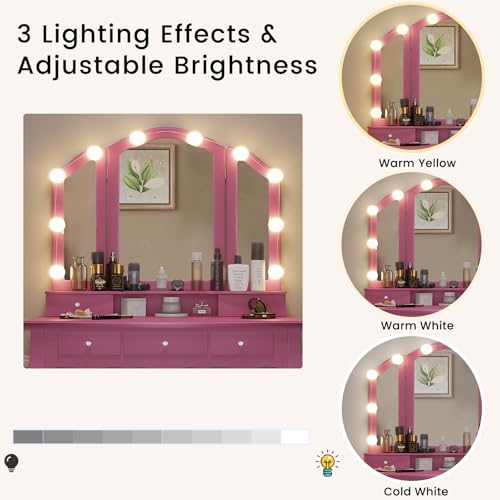 White Vanity Desk with Lighted Mirror and Stool, 5 Drawers Z8557