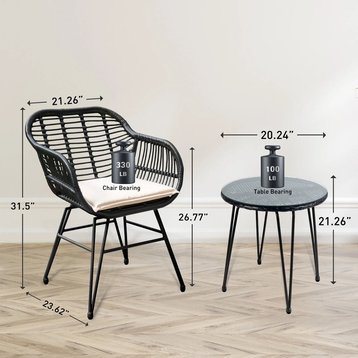 3 Piece Black PE Rattan Outdoor Wicker Bistro Set with Cushions H25269
