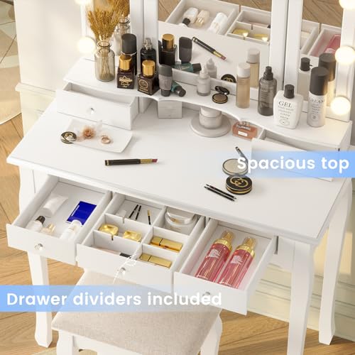 White Vanity Desk with Lighted Mirror and Stool, 5 Drawers Z8557
