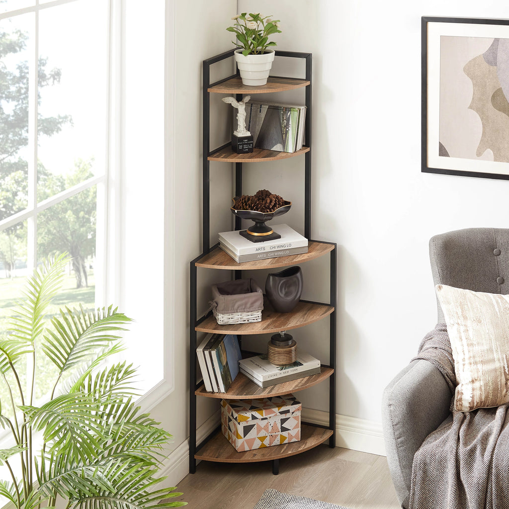 6-Tier Corner Wood Bookcase Rustic Brown E943