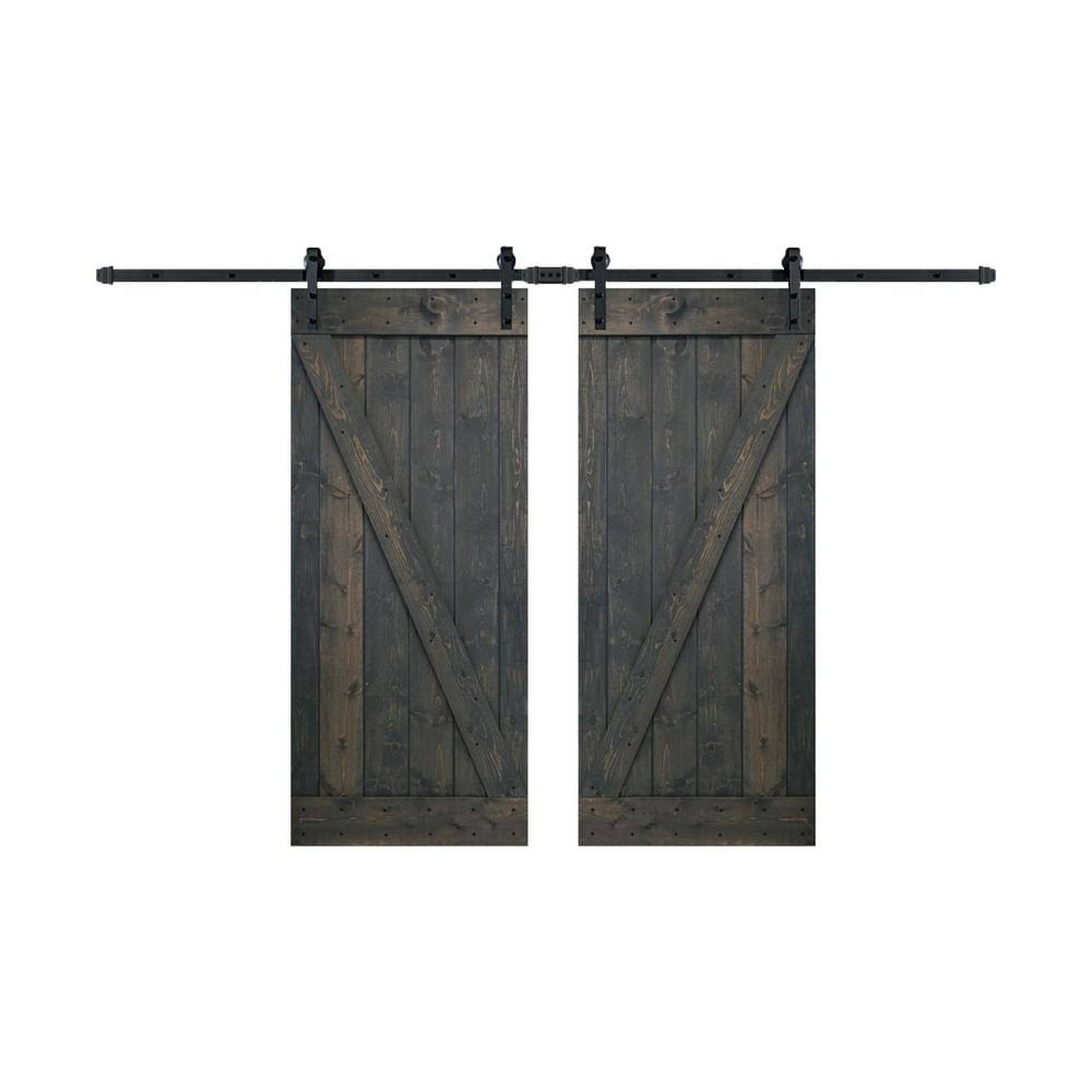 72 in. x 84 in. Carbon Gray Finished Knotty Pine Wood Double Sliding Barn Door with Hardware Kit I47469