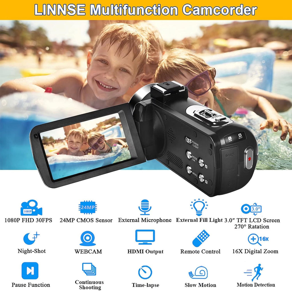 Video Camera Camcorder Full HD 1080P 30FPS 24.0 MP IR Night Vision 3.0 Inch IPS Screen 16X Zoom with 2 Batteries Q637
