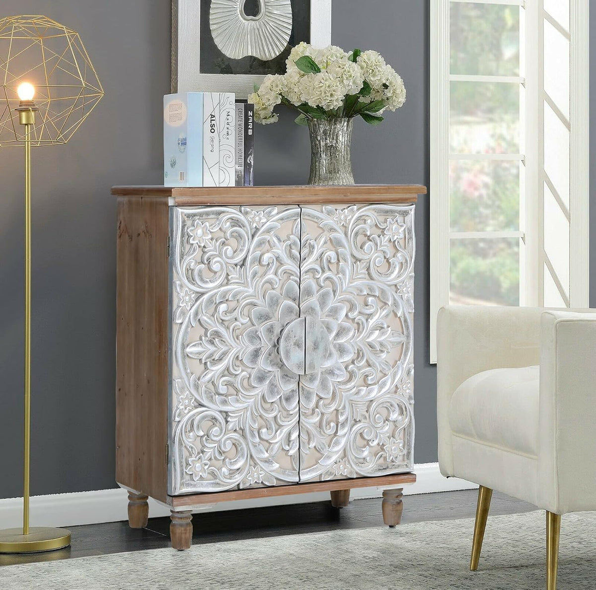 White Buffet & Sideboard Storage Cabinet with 2 Doors, Carved Pattern Doors D80692