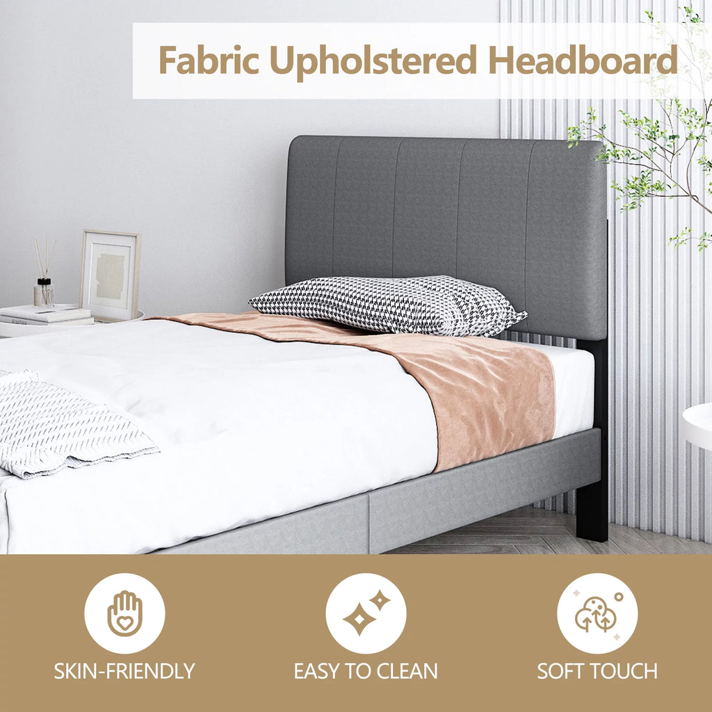Gray Twin Upholstered Platform Bed Frame with Wood Slat Support Q94254