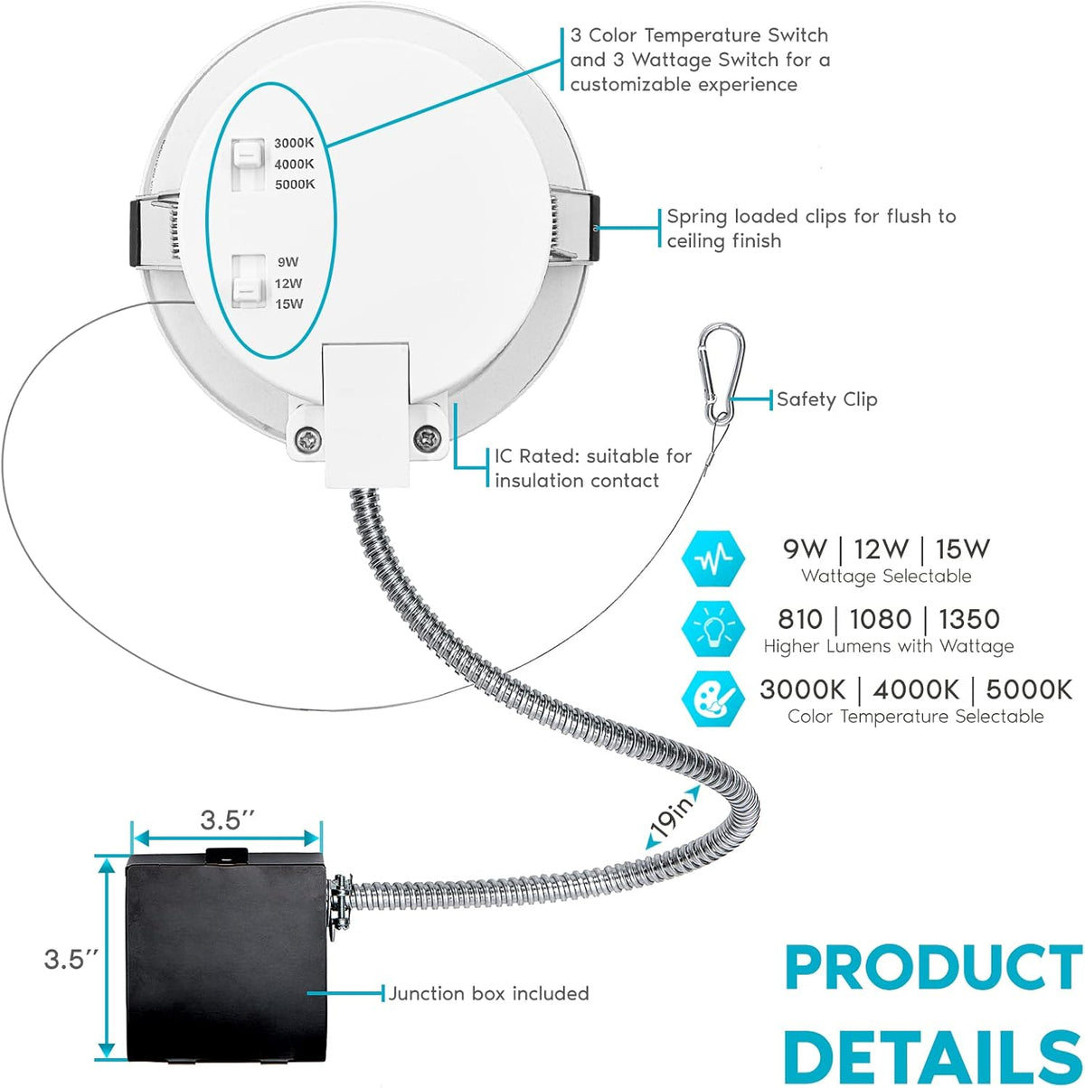 4 Inch LED Recessed Light, 3 Color Selectable 3000K-5000K, 6 Pack K887