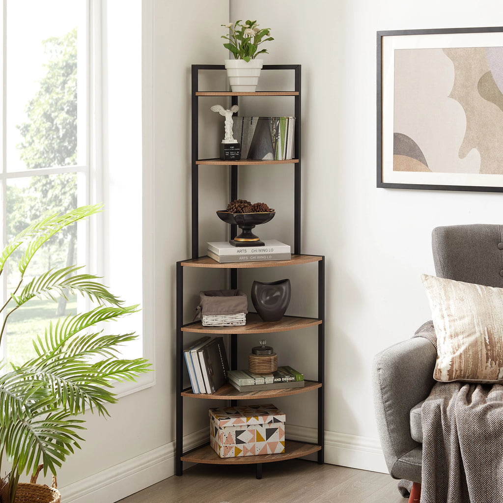 6-Tier Corner Wood Bookcase Rustic Brown E943