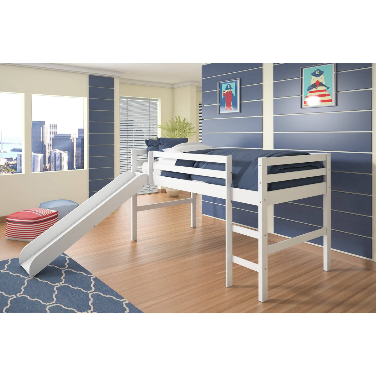 White Twin Loft Bed with Slide I391072