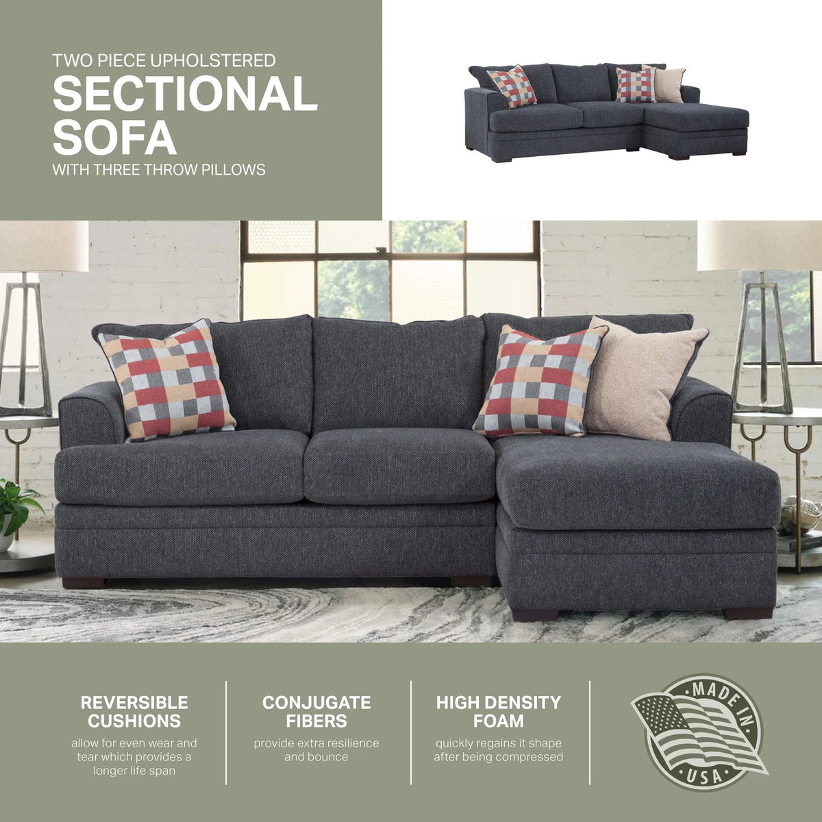 Charcoal Two Piece Sectional Sofa with Three Throw Pillows B79436