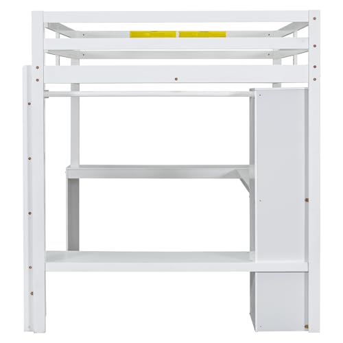 Full Size White Wood Loft Bed with Desk and Shelves P44192
