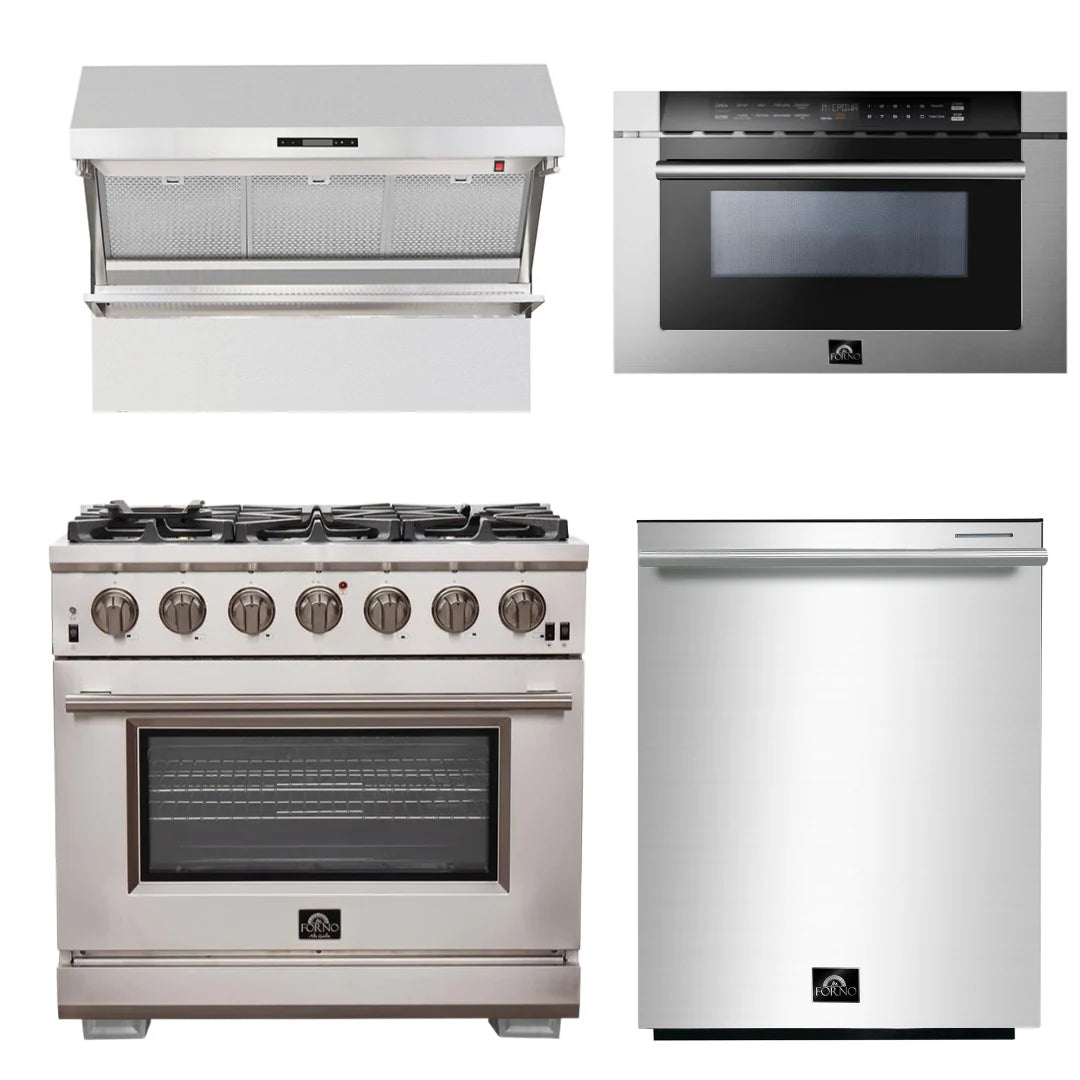 36 Inch Pro Gas Range, Wall Mount Range Hood, Microwave Drawer, Dishwasher R9517