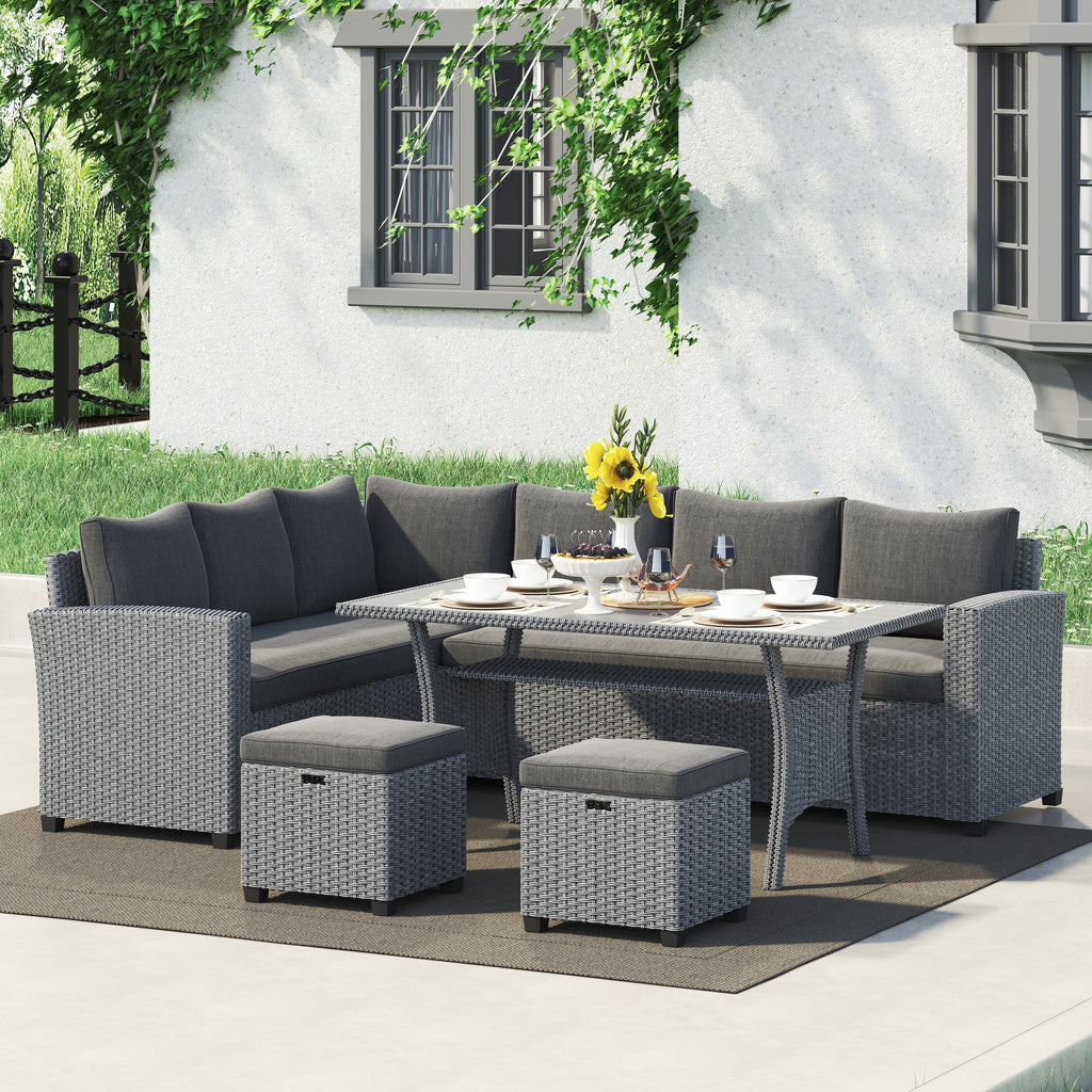 Cushioned Rattan Wicker 5-piece Patio Dining Sofa Set Dark Grey U139