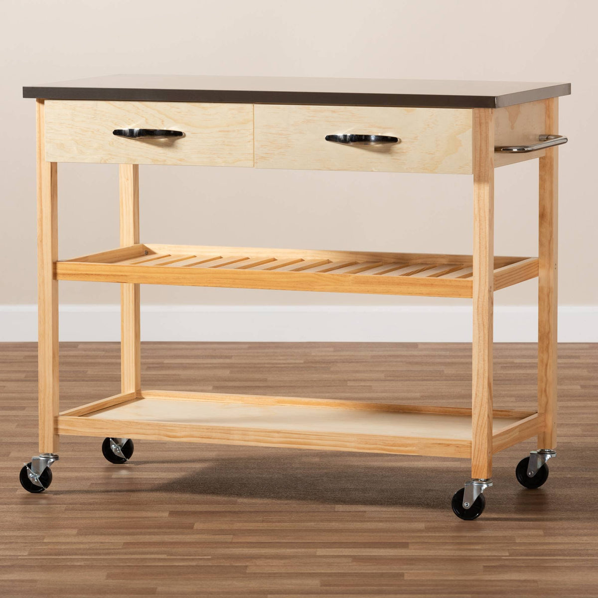 Pine Wood and Stainless Steel 2-Drawer Kitchen Island Utility Storage Cart L295