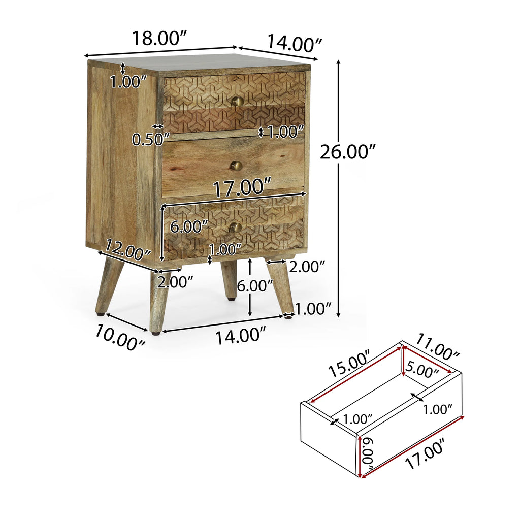 Handmade Mango Wood 3 Drawer Nightstand M688