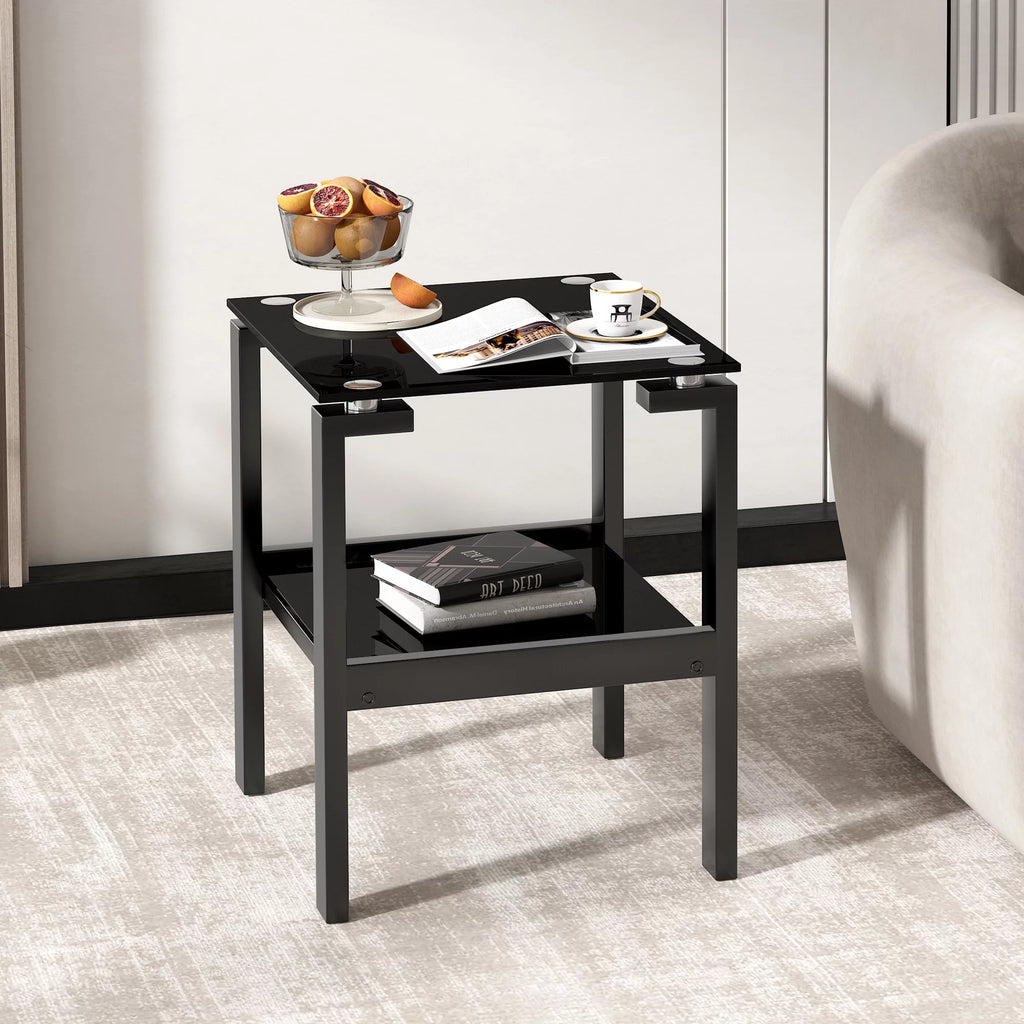 Black Tempered Glass 2 Layer End Table V882769
