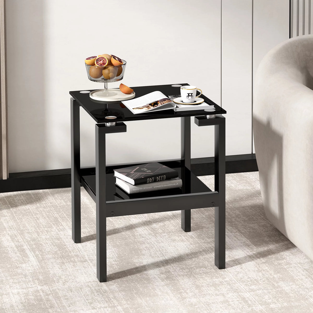 Black Tempered Glass 2 Layer End Table V882769