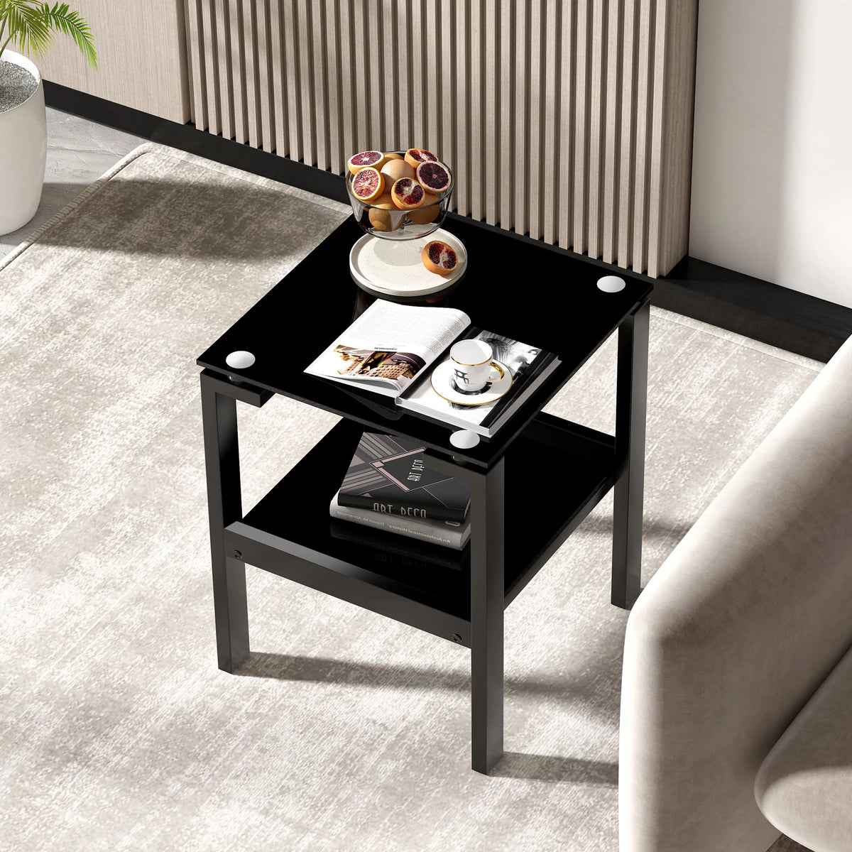 Black Tempered Glass 2 Layer End Table V882769
