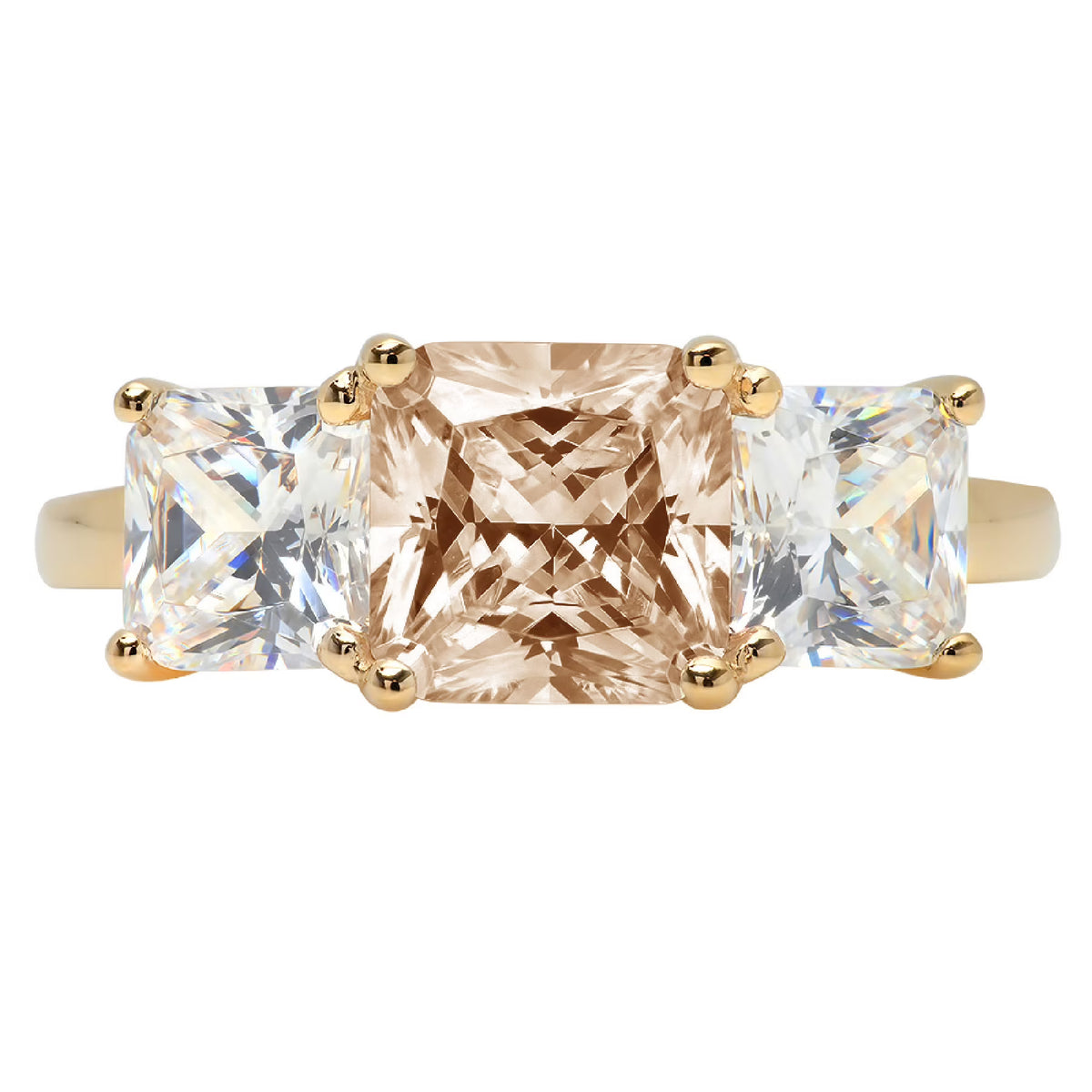 18K Yellow Gold Three-Stone Ring with Clear Simulated Diamond E9069