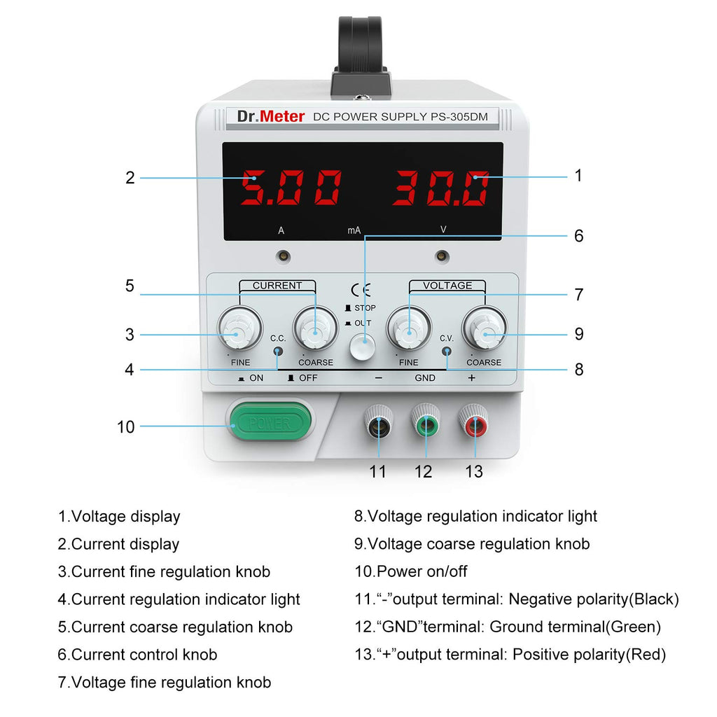 30V 5A Adjustable Switching Regulated DC Bench Linear Power Supply with Alligator Leads and 3 LED Digital Display W24217