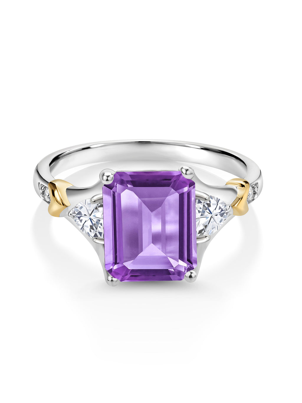 Emerald Cut 925 Silver and 10K Yellow Gold Amethyst and Moissanite and Diamond Engagement Ring R17705