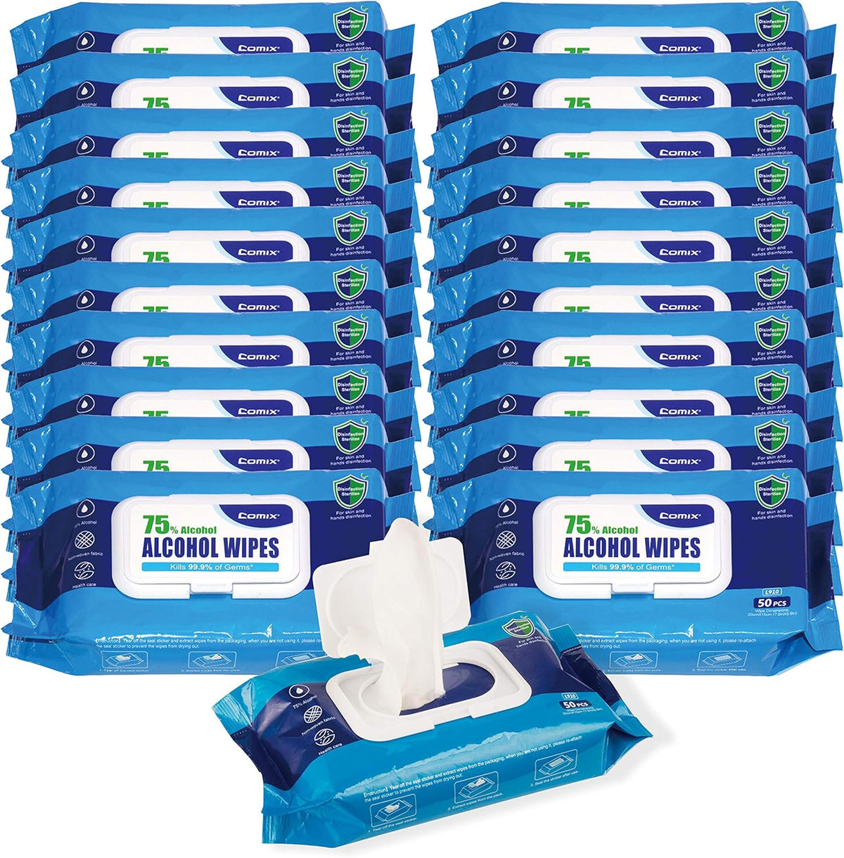 Disposable Hand Sanitizer Wipes, 75% Alcohol Wipes, Case: 20 Pouches of 50 Wipes, Pack of 2 D747152