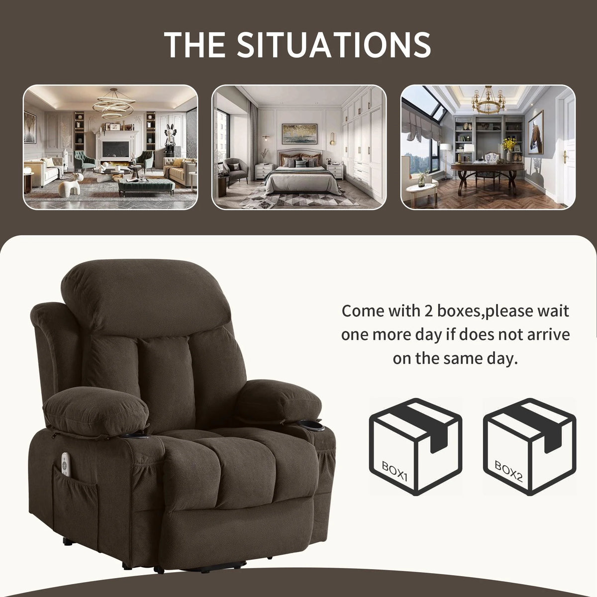 Brown PU Leather Power Lift Recliner Chair with Massage and Heating K36722