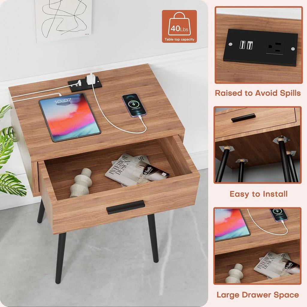 Walnut Nightstand with Charging Port and Wooden Drawers B535