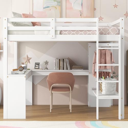 Full Size White Wood Loft Bed with Desk and Shelves P44192