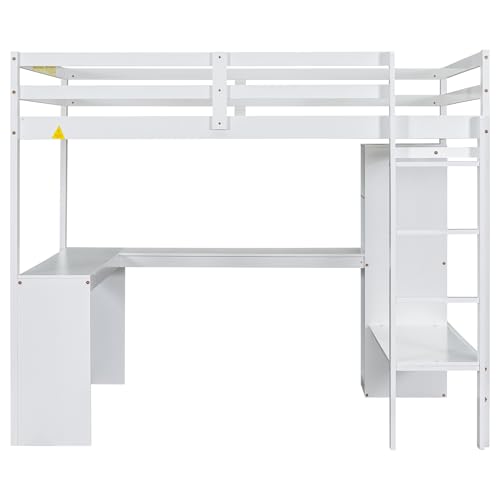 Full Size White Wood Loft Bed with Desk and Shelves P44192